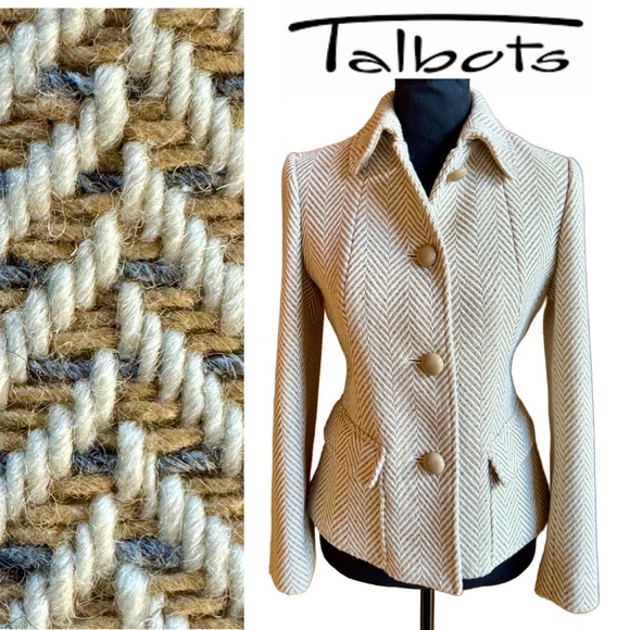 Talbots Classic Shetland Cream Tan Gray Wool Blend Herringbone Jacket (2P) - Picture 1 of 17